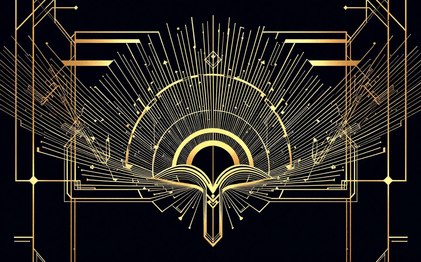 A symmetric Art Deco gold sunburst radiating from a central node on a deep midnight-blue ground, an abstract figure for a central signal broadcasting outward